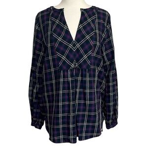 Ann Taylor LOFT Notch V-Neck Peasant Top Navy, red, white, royal blue plaid sz M